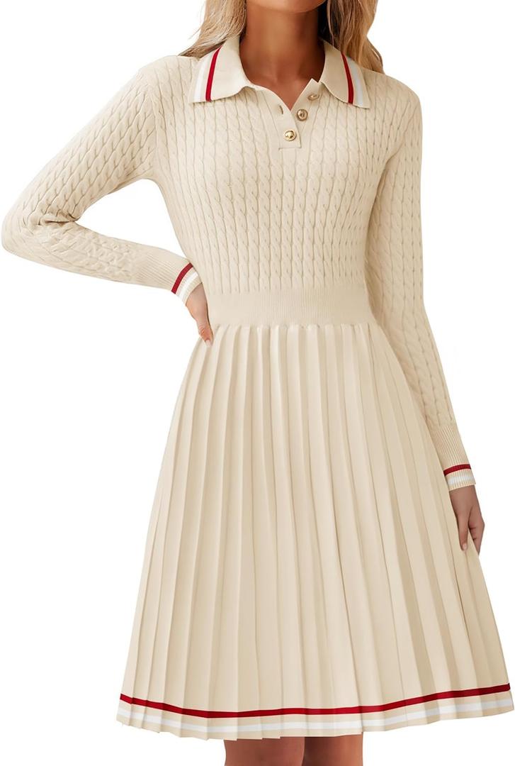 ZESICA Women's Midi Sweater Dress 2025 Fall Long Sleeve Cable Ribbed Knit A Line Swing Pleated Dresses, Size Medium