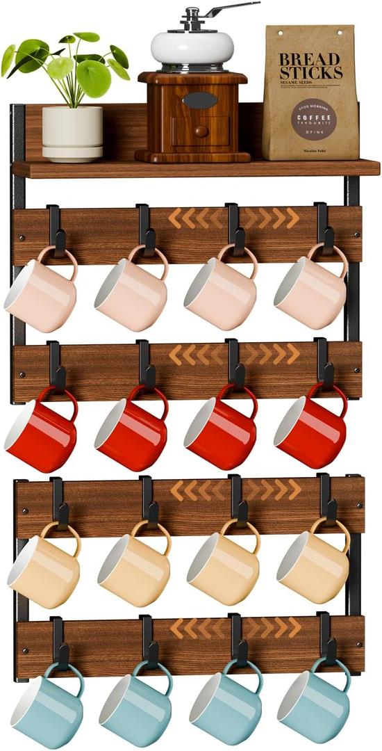 2-in-1 Coffee Mug Holder Wall Mount, 4-Tier Coffee Mug Rack Wall Mounted with 16 Adjustable Hooks and Storage Shelf, Wooden Cup Hanger Organizer for Home Kitchen Display and Collection (Brown)