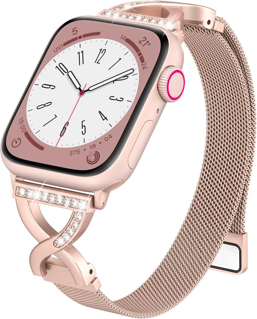 BRG Thin Mesh Loop Compatible with Apple Watch Bands for Women 44mm 45mm 46mm Series 11 10 9 8 7 6 5 4 3 2 1 SE, Metal Magnetic Stainless Steel Strap with X-Shape Diamond Clasp for iWatch Bands
