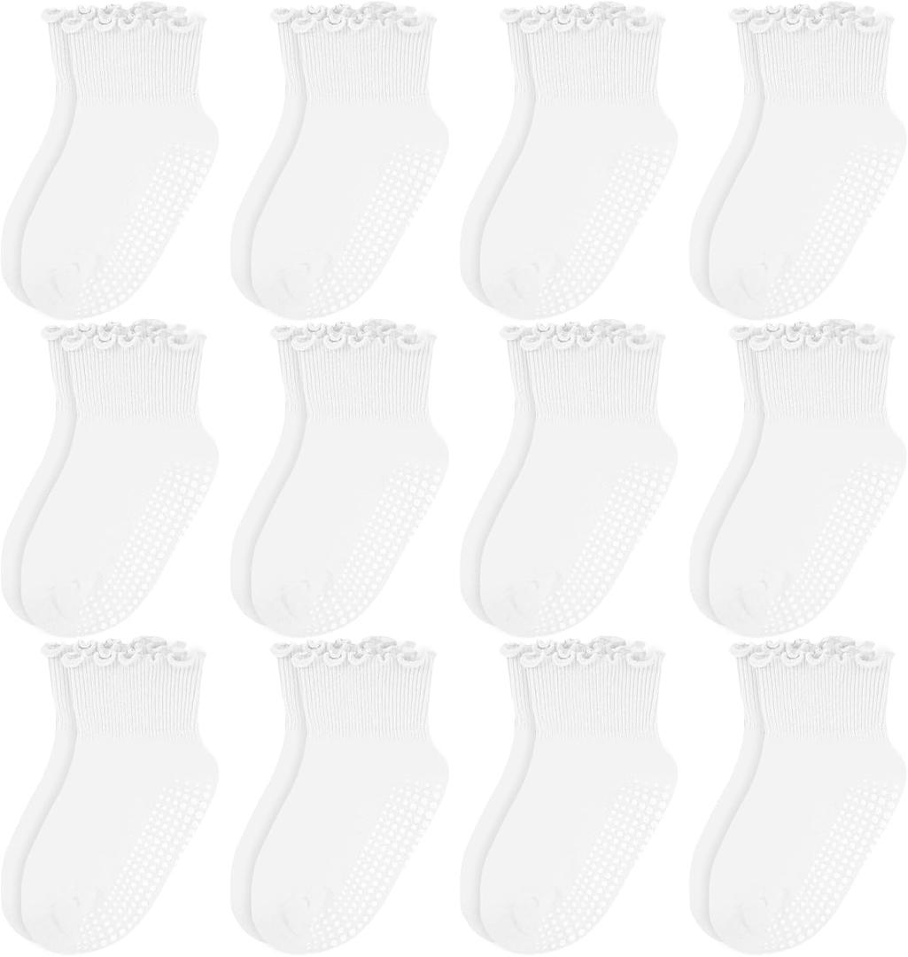 6/12 Pairs Non Slip Toddler Ruffle Socks for Girls Cotton Frilly Socks with Grips for 1-3 Years Girls (White)