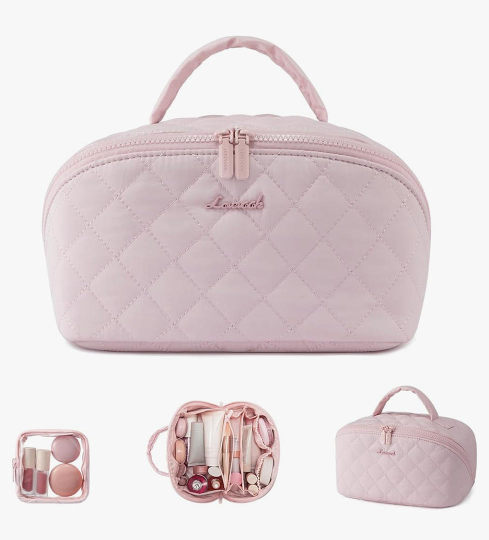 LOVEVOOK Travel Makeup Bag for Women, 2Pcs Puffer Waterproof Cosmetic Organizer, Large Capacity Pouch Open Flat Small Toiletry Bag with Brush Compartment & Handle (Pink, Large)