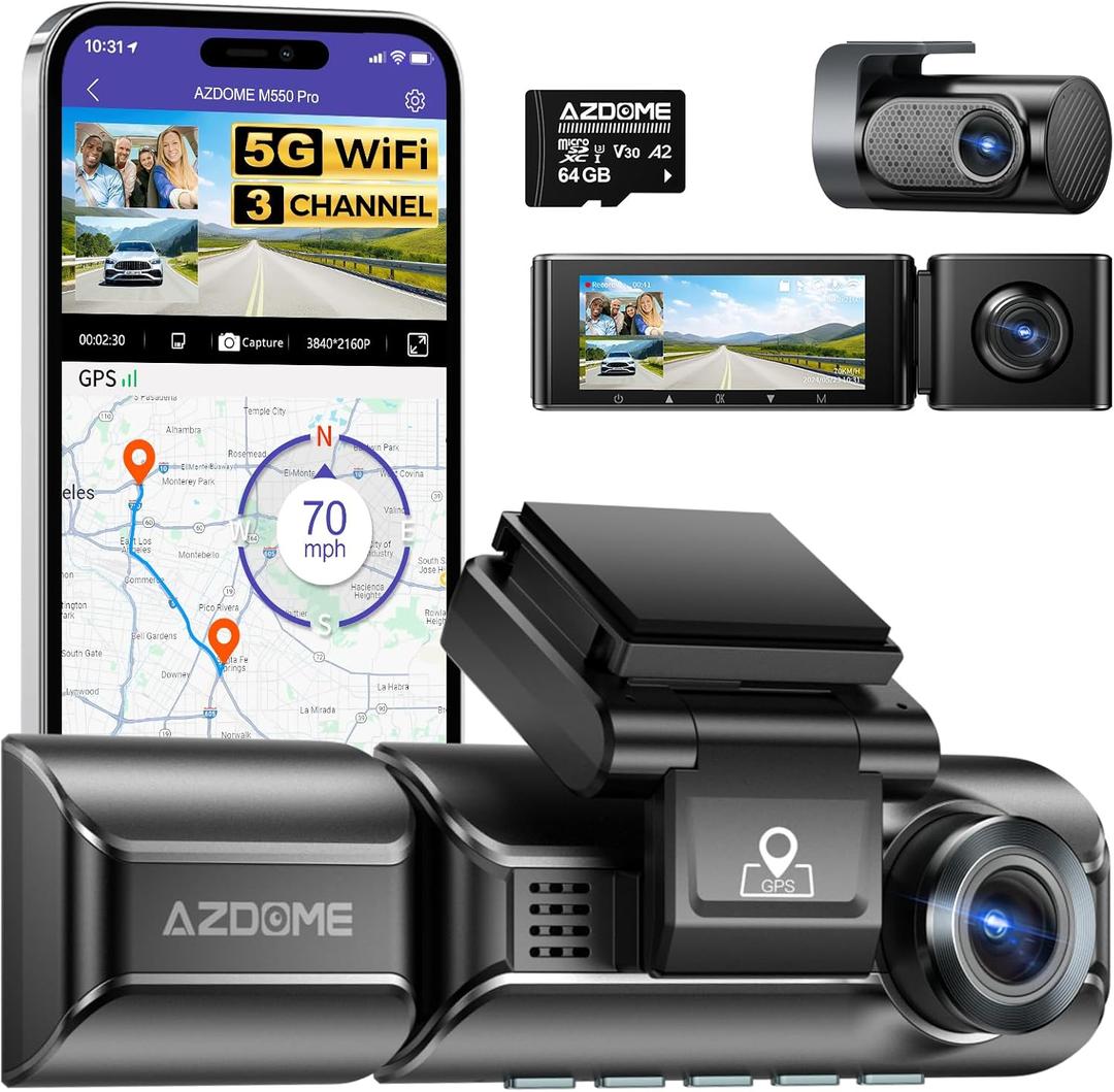 AZDOME M550 Pro 5G WiFi 3 Channel Dash Cam Built-in GPS, 4K Dual Dash Camera Front and Rear with 64GB Card, 2.5K+1080P+1080P Triple Car Camera, 3.19" IPS Screen, IR Night Vision, 24H Parking Mode