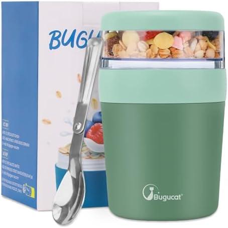 Bugucat Overnight Oats Containers with Lids,Snackle Box Container,500ml+150ml Yogurt and Fruit Holder Cereal Cup to Go with Lids and Spoon, Reusable Portable Cup Cereal Cup with Salad Container