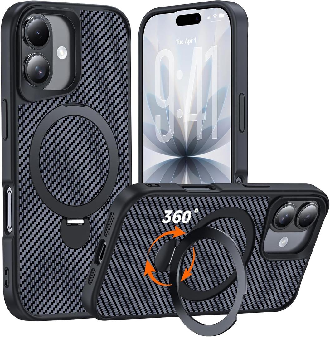 Designed for iPhone 17 Case with 360 Magnetic Stand, Carbon Fiber Phone Case [Compatible with Magsafe] [15FT Military Protection] with Stand Ring 6.3'', Black