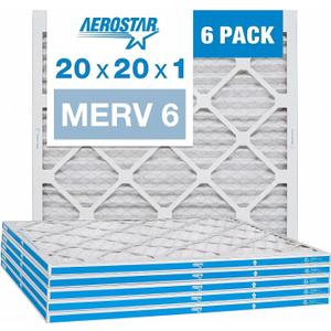 Aerostar 20x20x1 MERV 6 Pleated Air Filter, AC Furnace Air Filter, 6 Pack (Actual Size: 19 3/4" x 19 3/4" x 3/4")