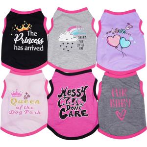 hoyuwak 6 Pieces Girl Dog Shirts Pet T Shirts Funny Dog Summer Printed Clothes Pet Shirts Breathable Puppy Sleeveless Outfit (Medium)