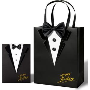 Crisky Happy Birthday Gift Bags for Men with Card & Tissue Paper, Classic Black 3D Tuxedo Real Bow Tie & Buttons, Birthday Gifts for Men Him Father Husband FriendsBoys Boyfriend Decorations