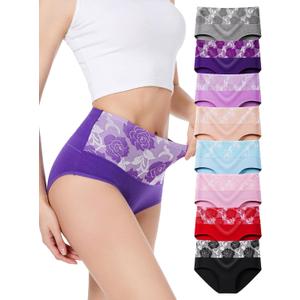 HAVVIS Women's Briefs Underwear Cotton High Waist Tummy Control Panties Rose Jacquard Ladies Panty Multipack (XL)