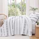 Andency White Quilts Queen Size, 3 Pieces Queen Quilt Bedding Set Boho Lightweight Soft Striped Bedspread for All Season (90"x96"), Printed Bohemian Polyester Reversible Coverlet Comoforter Sets