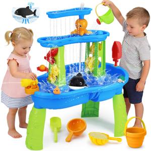 2026 Water Table for Toddlers 1-3 3-5 with Pump, 3-Tier Outdoor Sand Water Play Table Toys for Kids Ages 4-8 Outside Activity Sensory Summer Beach Pool Backyard Splash Toys for Boys Girls Gifts Blue