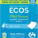 ECOS Laundry Detergent Sheets Vegan, No Plastic Jug, No Mess & Liquid Free - Laundry Sheets in Washer - Hypoallergenic, Plant Powered Laundry Detergent Sheets - Free and Clear - 64 Sheets (Pack of 1)