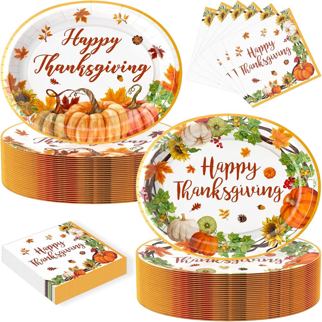 100Pcs Thanksgiving Oval Paper Plates and Napkins Set, 10" x 12" Party Plates,Large Disposable Dinner Plates for Fall Party and Thanksgiving Day