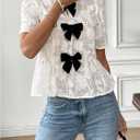 GORGLITTER Women's Floral Peplum Tops Bow Sheer Short Sleeve Ruffle Blouses Cute Babydoll Tops Summer Going Out Outfits (White, S)