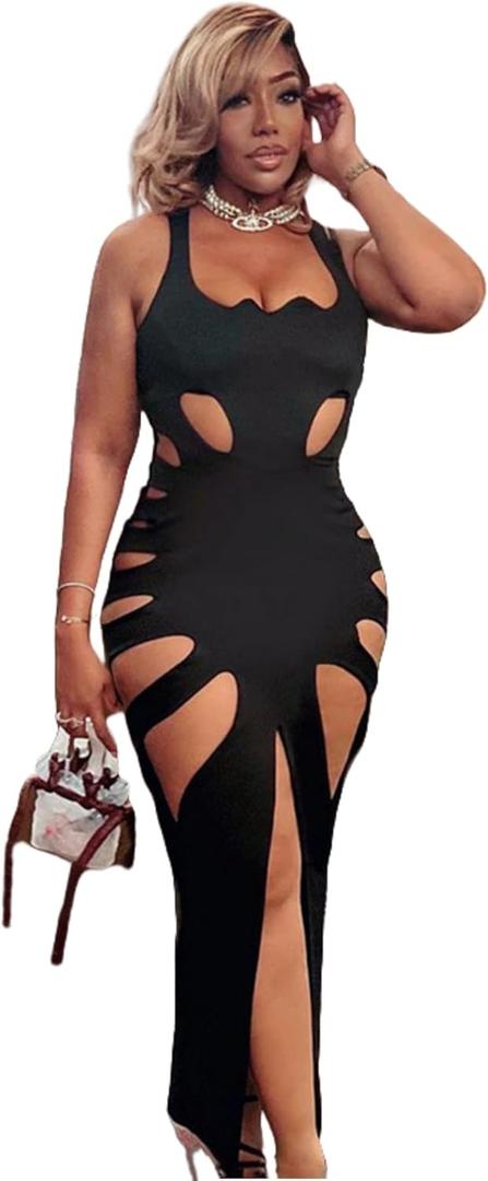 Women's Sleeveless Hollow Out Maxi Dress Sexy Low Cut High Slit Bodycon Long Dress Party Club Dress (Large)