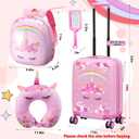 Sanwuta 4 Pcs Kids Luggage Set Carry On Rolling Suitcase Backpack Neck Pillow Travel Set Gift for Girls Boys Summer Camp(17 Inch,Unicorn Rainbow Style,Pink)