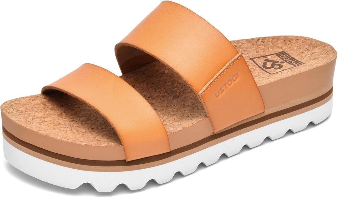 Flatform Platform Sandals Women Arch Support Beach Slides Orthotic Summer Causal Cork Footbed Adjustable Lightweight Thick Sole Comfortable Fashion Slip on Cushion Cute 2 Strap (7, A3- Brown Elastic)