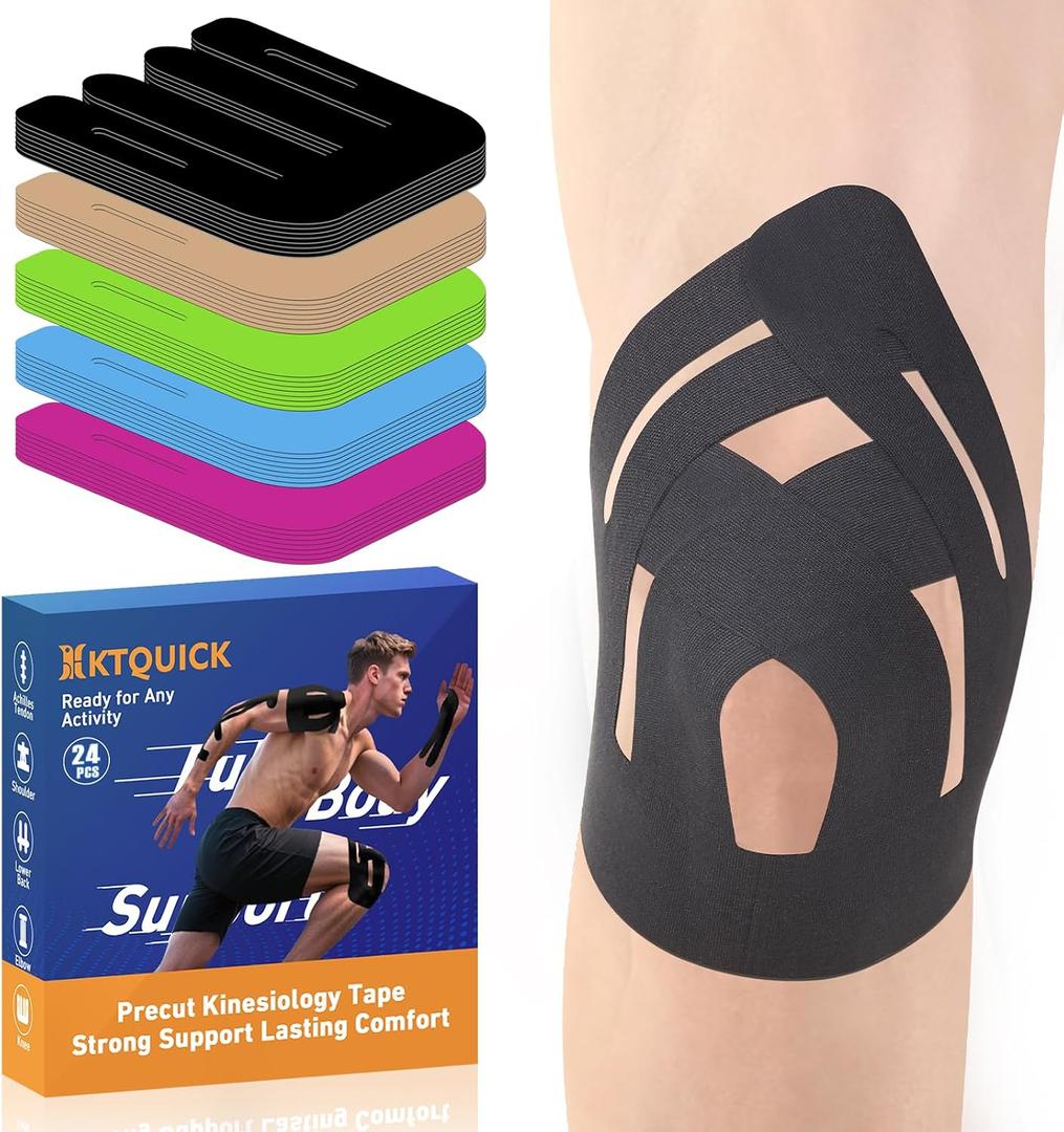 PreCut Kinesiology Tape for Knees, 24PCS Upgraded Waterproof KTQUICK Knee Tape for Knee Pain Relief Pre Cut, Original Cotton Athletic Knee Tape, Waterproof&Hypoallergenic Latex-Free for Sports (Black)
