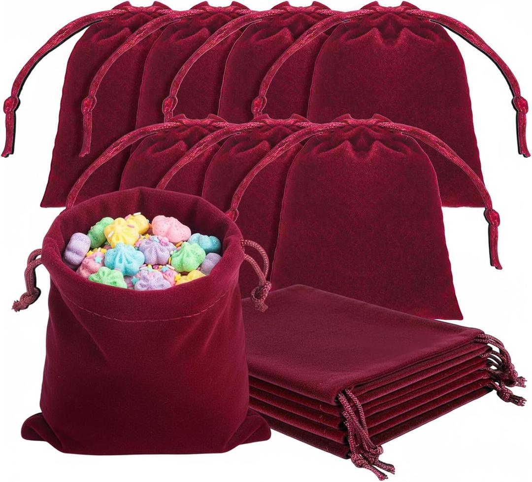 Tucnoeu 30pcs velvet jewelry pouches Velvet Drawstring Pouches, 3x4 Inch Premium Velvet Candy Dice Jewelry Pouches, Small Drawstring Gift Bags for Wedding Party Chritmas (Wine red)