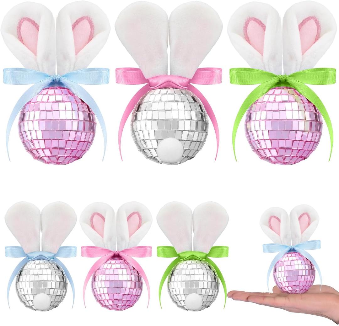 6 Pcs Easter Bunny Table Decorations Disco Ball Tabletop Decor Silver and Pink Easter Bunny Figurines Cute Rabbit Table Centerpieces for Home Office Spring Disco Party Mantel Decor Gifts