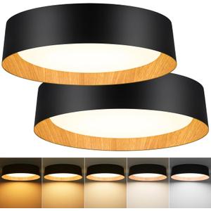 BrightHome 2-Pack 16in Flush Mount Ceiling Light, 3000LM 30W(300W Equiv), LED Ceiling Light Fixture 5CCT 2700K 3000K 4000K 5000K 6000K, Dimmable Ceiling Lamp for Bathroom Hallway, Black and Wood