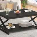 HSH Black Modern Minimalist Metal Wood Living Room Table with Storage Shelf, 39 Inch 2 Tier Rectangle Center Coffee Table