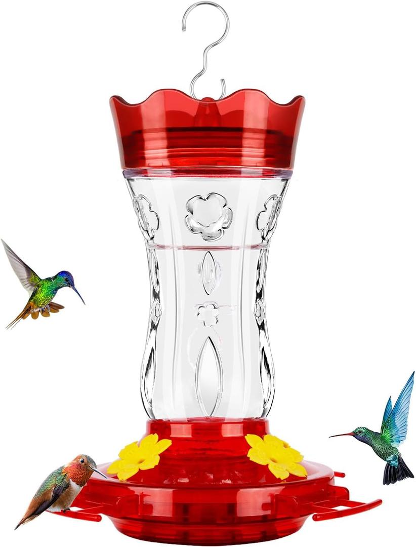 Glass Hummingbird Feeders for Outdoors, Built-in Ant Moat & Leakproof Design, XAROO Hummingbird Feeder with 4 Bee Guard Feeding Ports, 15OZ, Red, Gifts for Mom Wife Dad, Birthday Gift for Men Women