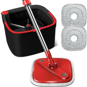 KZKR Spin Square Mop and Bucket Set with 2 Replaceable Microfiber Pads and Self Separation Dirty and Clean Water System, Self Wringing 360 Rotating Mops Head for Home Floors Cleaning