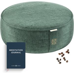 Mindful Modern Velvet Meditation Cushion | Luxe Zafu Yoga Floor Pillow Seat | Posture Support | Buckwheat Hull Filled | Large Round Cushion with Removable Washable Cover + Carry Handle (Emerald)