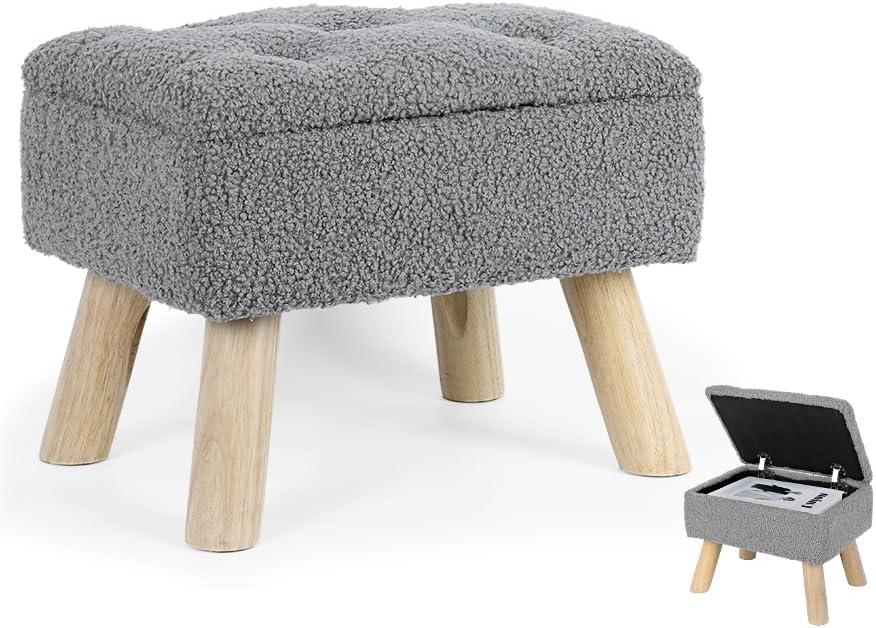 OGEMXU Storage Ottoman, Small Storage Ottoman Foot Stool with Wood Legs, Teddy Velvet Rectangular Foot Rest for Chair, Soft Sponge White Footstool for Living Room, Couch, Bedroom, Dorm (Grizzly)14.5"D x 11"W x 11"H