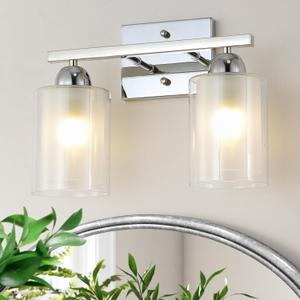 Stainless Steel Bathroom Vanity Light Over Mirror, 2 Light Polished Chrome Bathroom Light Fixtures with Milk Glass and Clear Glass Shades, Modern Vanity Lighting Wall Mount