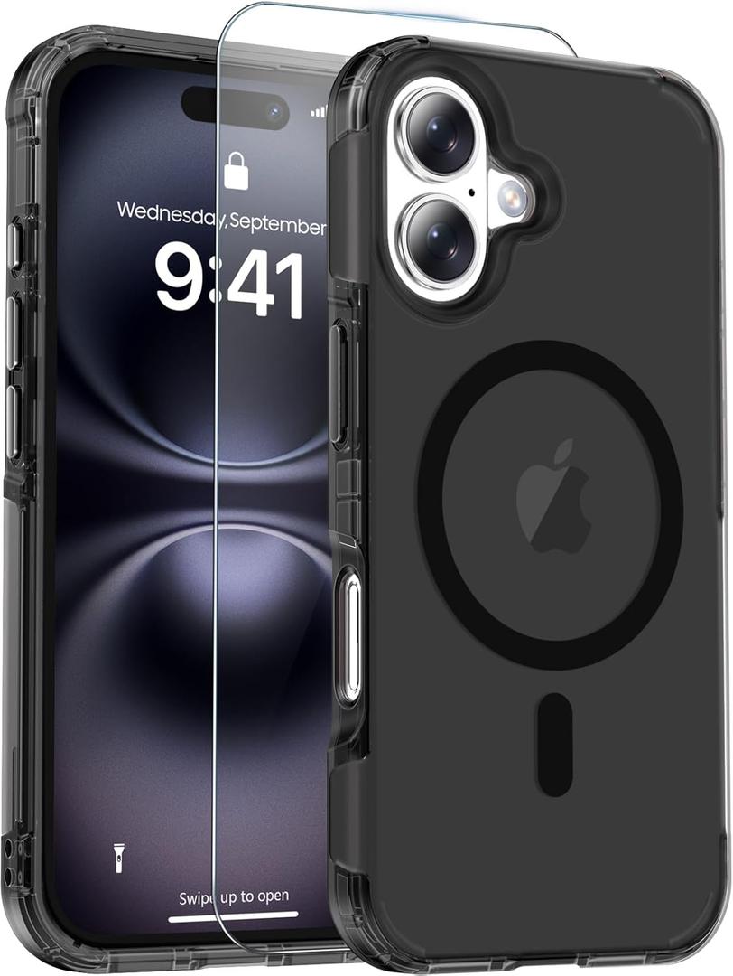 jaroco Magnetic for iPhone 16 Case with Screen Protector, Heavy Duty Protection, Compatible with MagSafe, Military Grade Drop Protection, Translucent Matte Shockproof Phone Cover, Black