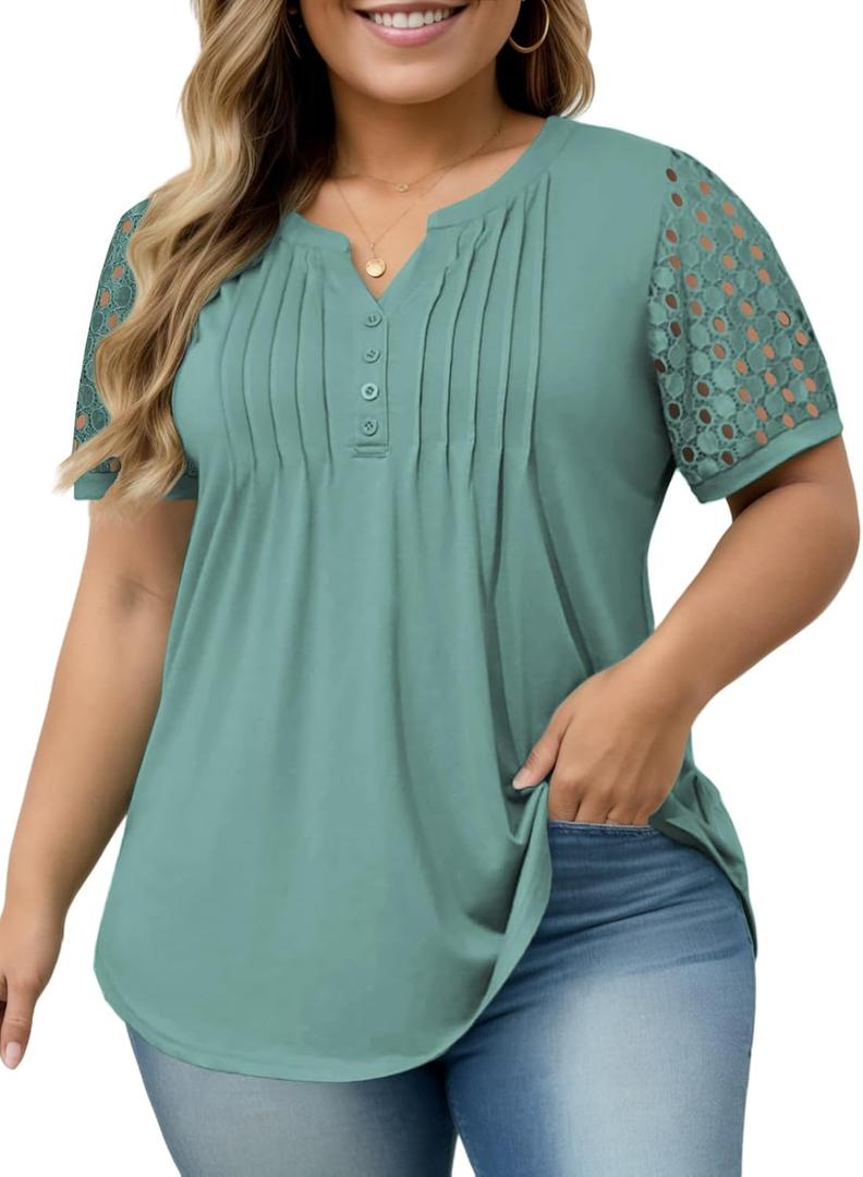 VISLILY Plus-Size-Womens-Summer-Tops Cute Henley V Neck T Shirts Dressy Lace Short Sleeve Blouse Trendy Casual Pleated Tunics (Blue, XL)
