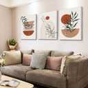 Boho Wall Art PrintsBoho Wall Decor, Mid Century Modern Wall ArtSet of 3 Prints, Abstract Geometric Prints Black Beige Terracotta Minimalist Art, Natural Framed Canvas Prints Artwork For Living Room, 16x24inchx3pcs
