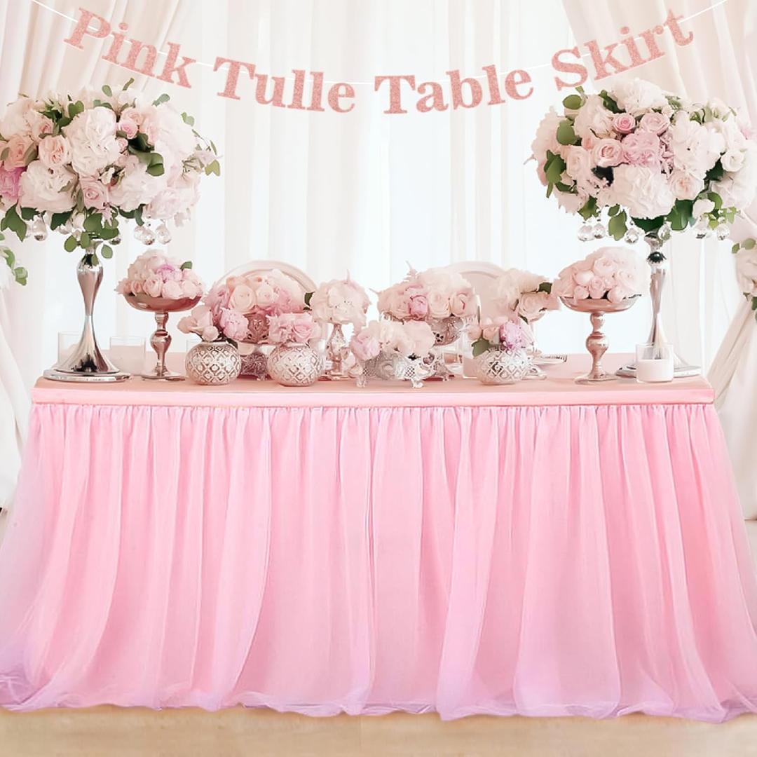 6ft Pink Tulle Table Skirt  MAQIHAN Table Skirt Tablecloth for Round Rectangular Tables Made of Tutu Fabric Restaurant Dessert Table Wedding Birthday Party Baby Shower Decoration Teacher Table Skirt