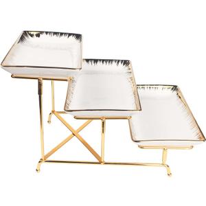 3-Tier Serving Rack with Ceramic Serving Tray, Foldable Gold Stand with 3 Pieces 11.4 Inch Gold Rim Large Plates for Food Display, Fruit, Dessert Server Display and Entertaining