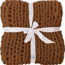 Bigacogo Chunky Knit Throw Blanket for Couch, 40x60 inches, 100% Hand Knitted with Thick Jumbo Chenille Yarn, Cozy Soft Large Rope Knot Cable Crochet Blankets for Sofa Bed Living Room, Caramel