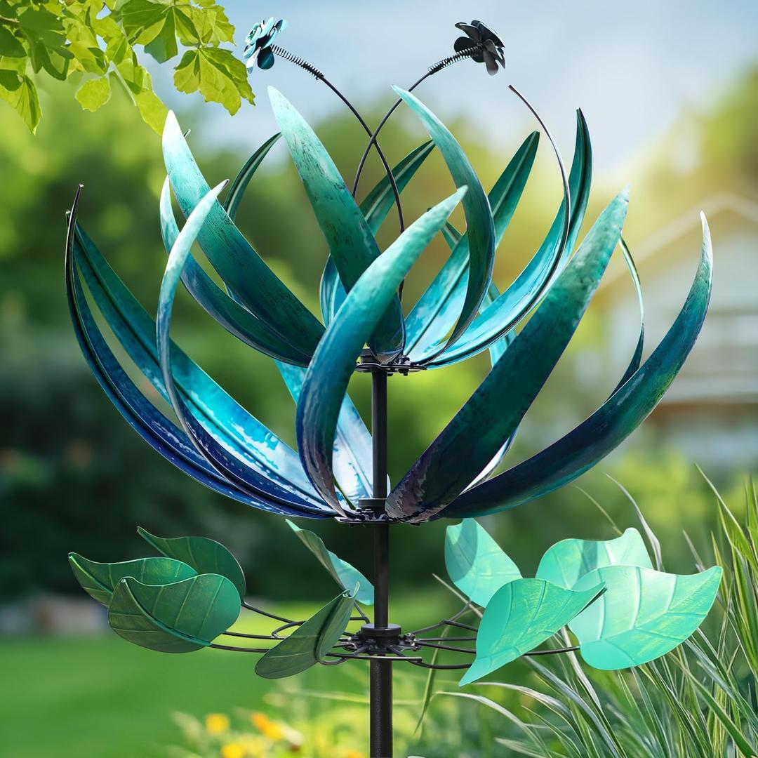 LimeHill Wind Spinner for Yard and Garden - Large Metal Wind spinners for Outdoor Decorations (Blue Lotus (24 X 84 Inches))