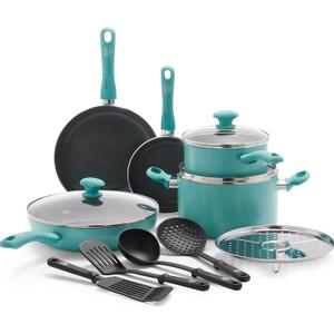 GreenLife Soft Grip Diamond Healthy Ceramic Nonstick 13 Piece Cookware Pots and Pans Set, PFAS-Free, Dishwasher Safe, Turquoise, Diamond Cookware