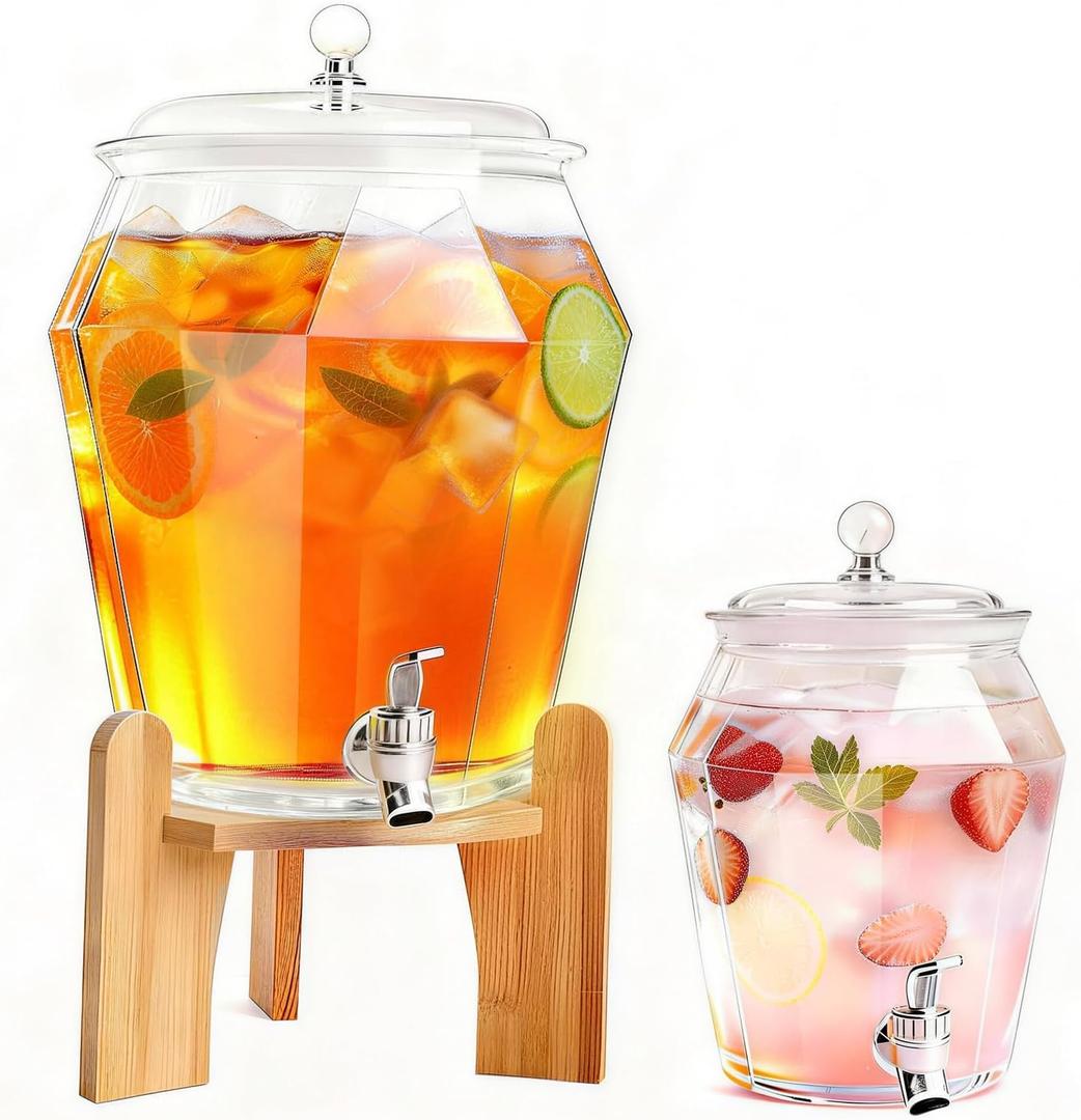 2 PCS Drink Dispenser Set, 2.5 Gallon Total Capacity (7L & 2.6L) - Shatterproof Plastic Beverage Containers with Wood Stand, Leak-Proof Spigot for Juice, Tea, Lemonade & Mimosa Bar Hosting