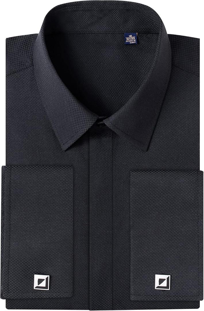 Alimens & Gentle Men's Dress Shirts French Cuff Long Sleeve Regular Fit Formal Tuxedo Cufflinks Shirt (Black) 18