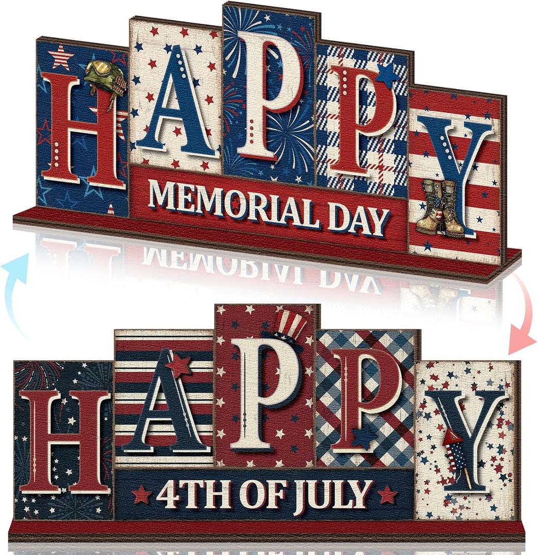 Yousoontic 4th of July Memorial Day Table Decorations Reversible Patriotic Wooden Sign Red White Blue Tabletop Centerpiece Farmhouse 250th Anniversary Decor for Home Office Desk Shelf Tiered Tray