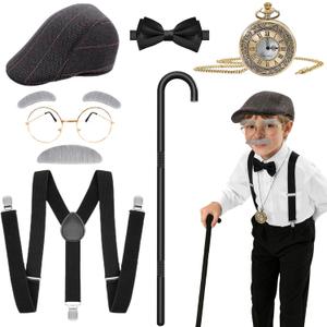 Lenski 100 Days of School Costume, Old Man Costume for Kids with Cane, Suspenders, Hat, Glasses, Tie & Pocket Watch (Black)