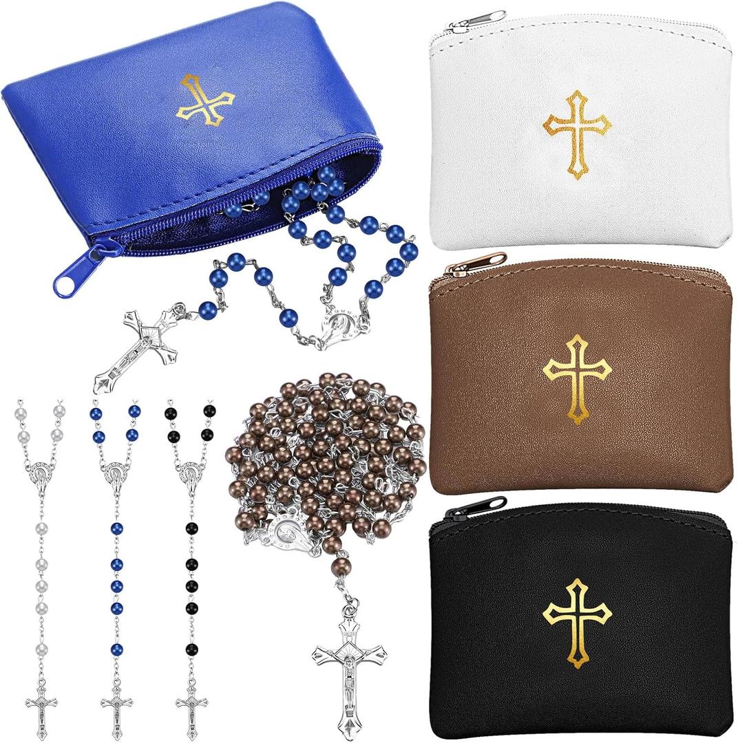 Pack of 8 Rosary Pouch with Catholic Rosary Beads Y-Necklace Set for Women PU Leather Holder with Zipper and Gold Cross Imprint Case Portable Religious Bag for Travel (Classic Colors)
