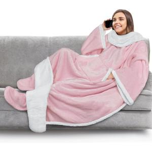 PAVILIA Sherpa Blanket with Sleeves, Foot Pocket for Women Men Adults, Thick Wearable Blanket Throw Wrap, Fleece Warm Snuggle Blanket Robe, Cozy Gift Ideas Wife Mom, Pink
