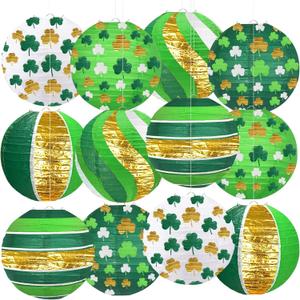 ADLKGG St Patrick's Day Paper Lanterns Party Decorations, Green Four-Leaf Clover Printed Hanging Round Paper Lanterns for Irish Party Saint Patrick's Day, Festive Indoor Outdoor Party Supplies, 12pcs (Green)