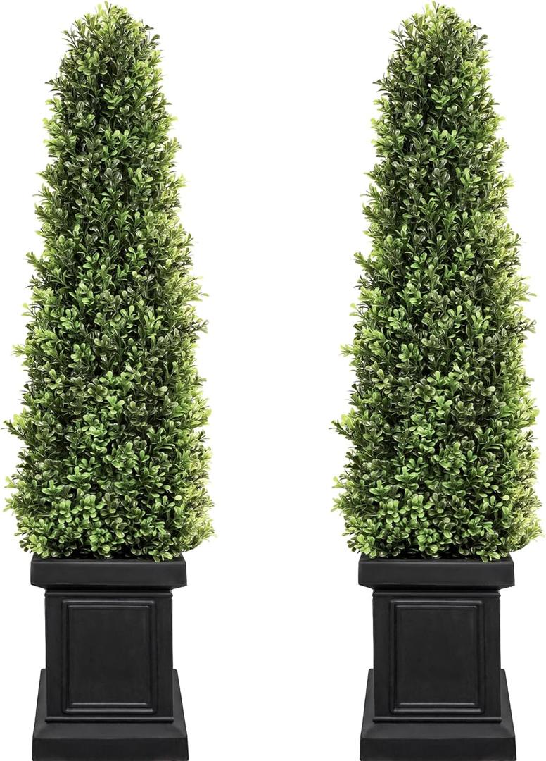 3.5ft Boxwood Outdoor Topiary Set of 2, Tall All Year Green Fake Plant Topiary Trees Artificial Outdoor Porch Trees with Sturdy Pot for Outdoor Indoor (Square)
