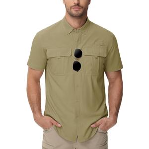 TACVASEN Mens Short Sleeve Sun Protection Shirt UPF 50+ Quick Dry Fishing Cooling UV Shirts Outdoor Tactical Hiking Shirts (Beige, XXL)