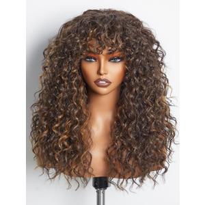 GORGIUS Shaggy Haircuts Natural Highlight Curly Wigs with Bangs Crafted with Style-Archive Technology: Premium Fiber & Remy Human Hair Blended, Realistic Look with True Scalp (Brown Highlights | Shaggy Curls)