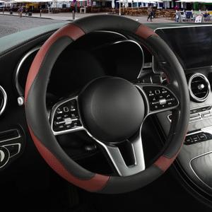 Microfiber Leather Steering Wheel Cover, Breathable, Anti Slip, 13.5 inch to 14 inch, Black with Burgundy