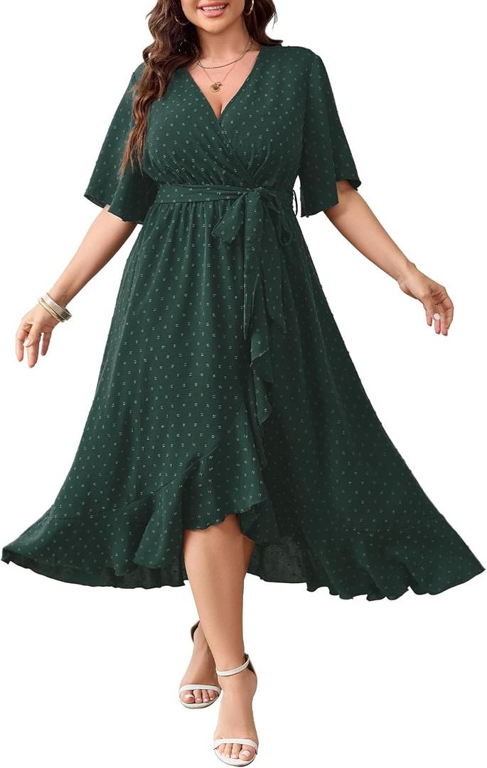 SCOMCHIC Women's Plus Size Summer Dresses Short Sleeve Wrap V Neck Swiss Dot Boho High Low Split Ruffle Maxi Dress (Emerald Green), XL